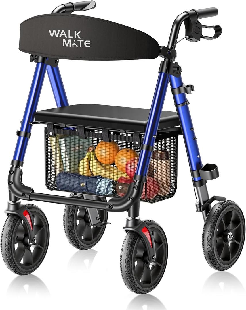 WALK MATE Rollator Walker for Seniors, 10 Inch Big Wheels, Reinforced Aluminum Frame 350lb Weight Capacity, Foldable All Terrain Rolling Walker with Seat, Lightweight Adjustable Height, Blue