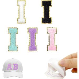 Self-Adhesive Iron on Letters 5 Pcs 2.2 inch Chenille Letter Stickers Alphabet Embroidered Applique Stick On Patches for Clothing Jackets Backpack Hat DIY Phone Bags (I)
