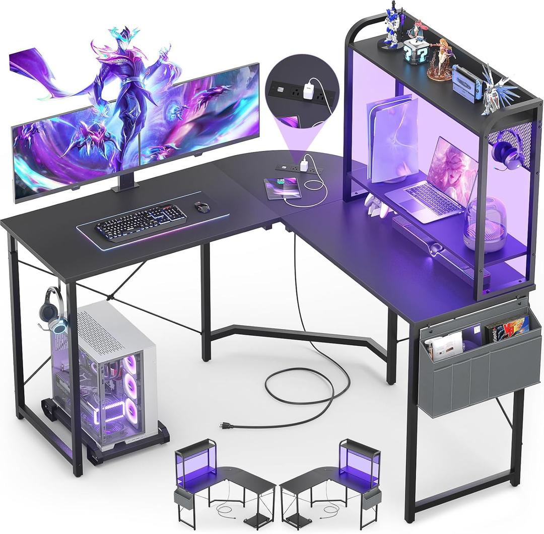 Besiost Small L Shaped Gaming Desk with Power Outlets, Corner Gaming Desk with LED Light, Reversible L-Shaped Desks with Monitor Stand & Hutch, L Shape Desks with Storage Bag, Black