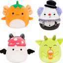 Squishmallows Original 5-Inch Halloween 4-Pack  Gabin Pumpkin Axolotl, Fitzy Goblin Holding Latte, Malcolm Bat Mushroom, Ms. K Purple Clown  Official Jazwares Plush (Little)
