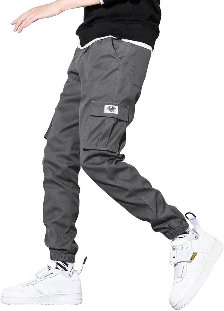 JMIERR Mens Casual Cargo Pants Stretch Elastic Waist Drawstring Joggers Pants Tapered Sweatpants for Men Multi Pockets (Gray)