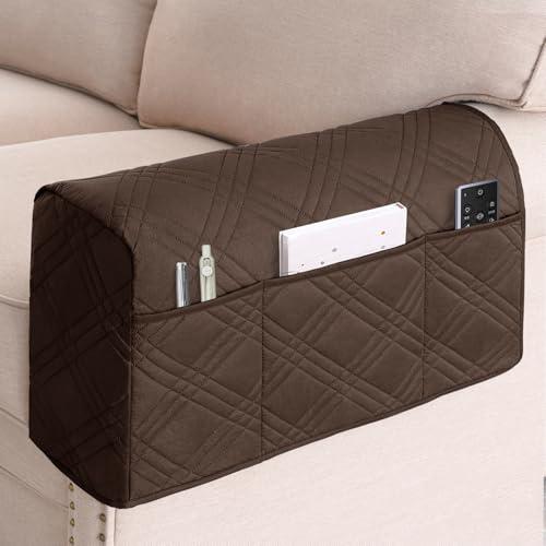Turquoize Waterproof Armrest Covers for Chairs and Sofas 2 Pack Arm Protectors for Sofa with Side Pocket Anti-Slip Furniture Protector Washable Armrest Slipcovers Set of 2, Brown
