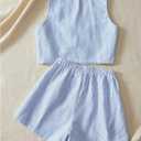Verdusa Women's 2 Piece Striped Outfit Bow Tie Crop Tank Tops with Shorts Set (Medium, Blue and White)