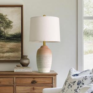 24.5" Vintage Ceramic Table Lamp - Single Farmhouse Rustic Bedside Lamp with Natural Textured Finish, Nightstand Lamps for Living Room, Bedroom, End Table, Office White and Brown