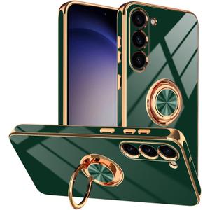 Tnarru Designed for Samsung Galaxy S23 Case with Ring Stand, Support Magnetic Car Mount Rotating Finger Holder Soft TPU Cover Plating Edge Slim Phone Case for Galaxy S23 Dark Green