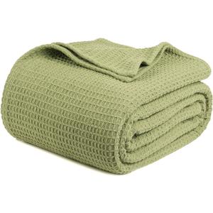 Tex Trend 100% Cotton Blankets Queen Size - Waffle Weave Cotton Blanket - Breathable Lightweight for Spring Summer - Gift for Women, Sage Green, Queen 90x90 Inches