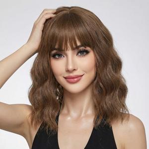 Pastel Brown Wavy Bob Wig for Women, Short Shoulder Length Synthetic Wig with Bangs, Natural Looking Lightweight Hairpiece for Daily Wear & Cosplay Costume Party (14 Inch)