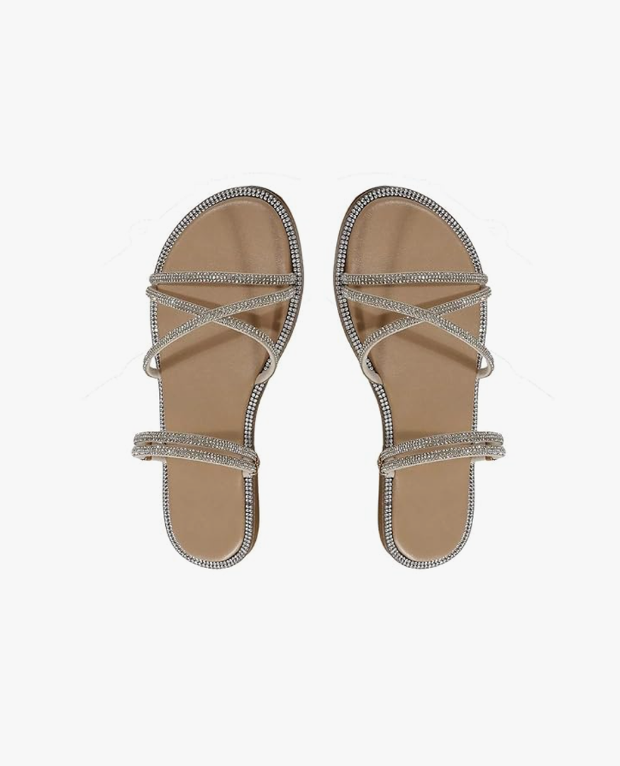 OYOANGLE Women's Rhinestone Strappy Open Toe Slide Sandals Slip on Casual Flat Sandals 36