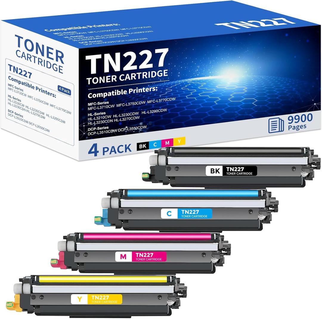 TN227 Toner Cartridge High Yield 4 Pack Replacement for Brother TN227 TN-227 TN-227BK/C/M/Y TN223 TN 227 Toner Cartridge Use for HL-L3270CDW HL-L3230CDW HL-L3210CW HL-L3290CDW MFC-L3710CDW (4 Pack)