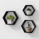 AHDECOR Wall Mounted Hexagon Floating Shelves, Wooden Wall Organizer Hanging Shelf for Home Decor, Set of 3, Black