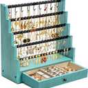 Pinzoveco Earring Organizer, 5 Layer Earring Holder Organizer with Necklace Holder Pole, Rustic Wood Jewelry Organizer Stand Display for Stud Earring Bracelet Necklace Ring, 175 Earring Holes (Teal)