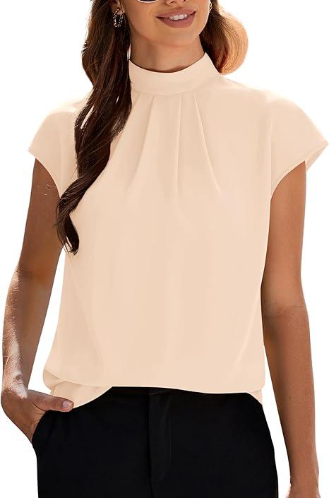Funlingo Womens Summer Tops Mock Neck Short Cap Sleeve Blouses Business Casual Work Chiffon Shirts Front Pleated Tunic Top M