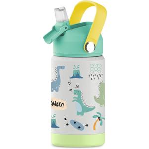 Hippypotamus Kids Water Bottle - Stainless Steel Vacuum Insulated -12 oz - Leak Proof Straw Lid & Soft Spout For Toddlers & Kids (Green Dinosaur)