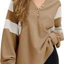 EXLURA Women's Oversized V Neck Henley Shirt Patchwork 2024 Color Block Sweatshirt Long Sleeve Button Pullover Tunic Tops (X-Small, Brown)
