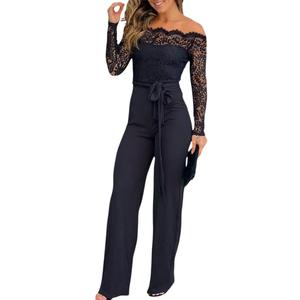 CHICME Womens Dressy Jumpsuits Casual One Piece Outfits Off Shoulder Lace Trim Overalls Straight Leg Pants (Medium, Black)