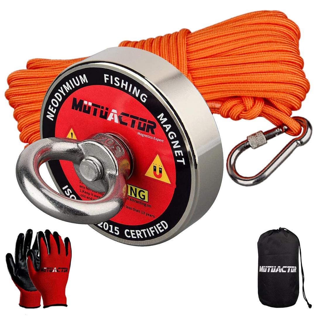 MUTUACTOR Magnet Fishing Kit,2.36 Heavy Duty Neodymium N52 Magnet with 20m(64 Foot) Durable Rope,500lbs Pulling Force Permanent Strong Rare Earth Magnets for Lifting Objects Hunting Lost Treasures