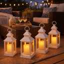White Lanterns Decorative Set of 4 with LED Flameless Candles Indoor Outdoor Lantern Decor with 4 Hour Timer Hanging or Tabletop Patio Porch Wedding Centerpiece 9 3/8" H