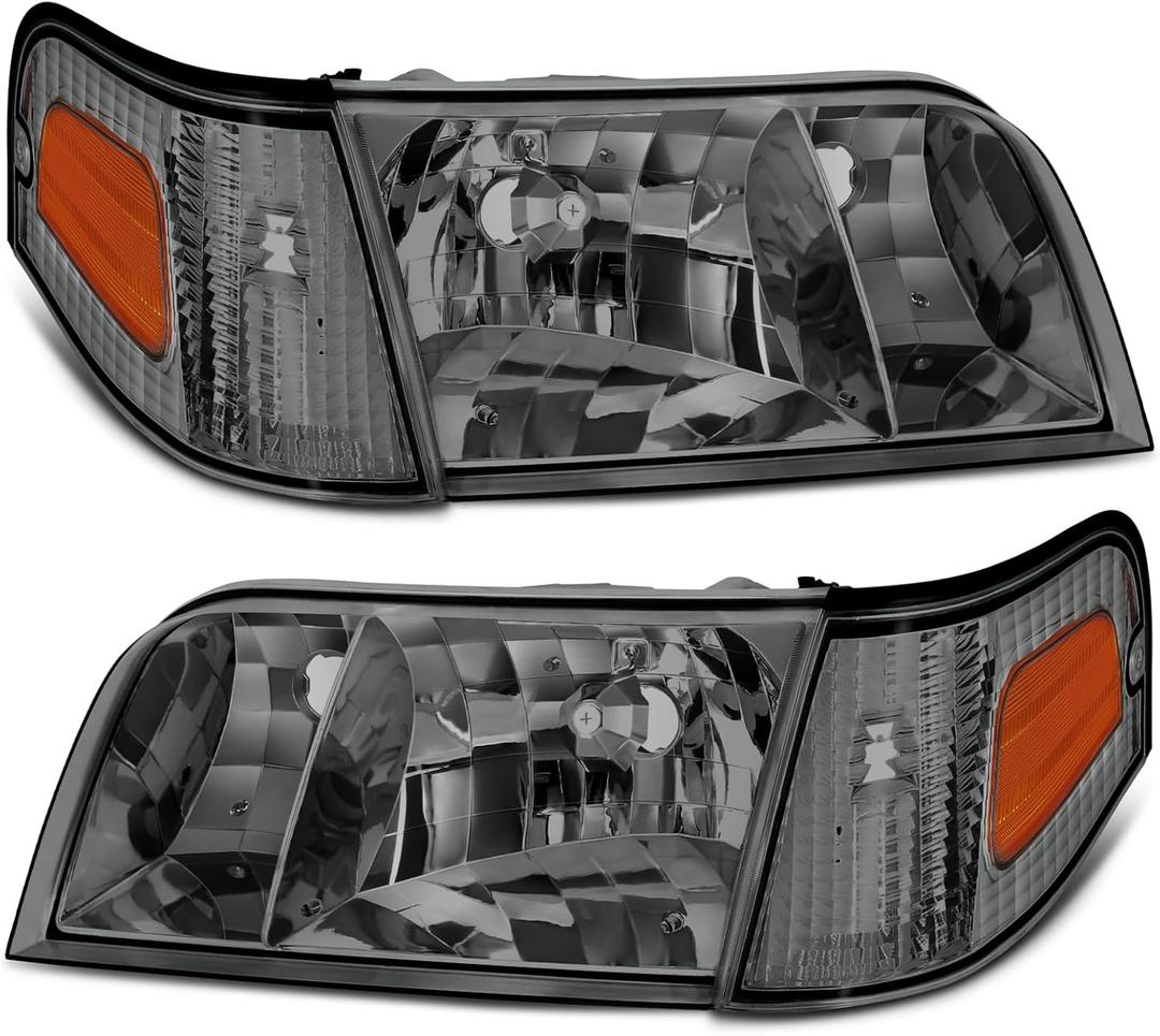 Headlights Assembly Fit For 1998-2011 Ford Crown Victoria 98 99 00 01 02 03 04 05 06 07 08 09 10 11 Ford Crown Victoria w/Corner Headlamp Replacement (Gunmetal Smoked)