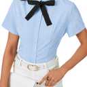 Rooscier Women's Collared Bow Tie Button Down Short Sleeve Elegant Work Shirt Blouse Top Blue X-Large
