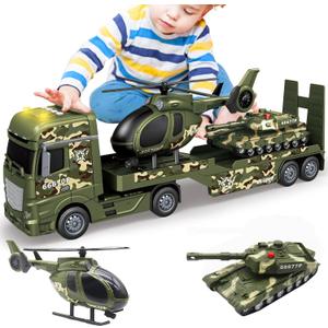 Big Green Military Truck Toy - 25.6 Large Semi Truck Toy with Helicopter and Tank - Army Toys with Sounds & Light, Friction Powered Cars Toys Birthday Gift for Kids Boys Girls 3 4 5 6 7 8