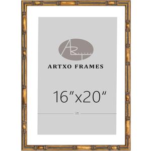 ArtXO 16"x20" Picture Frame Wooden, Display Pictures 11"x14" with Mat or 16"x20" Without Mat, Gold Bamboo Poster Frames,Hanging Photo Frame Wall (Gold03(wide:17.5mm)(with Mat,Plexiglass,Back))
