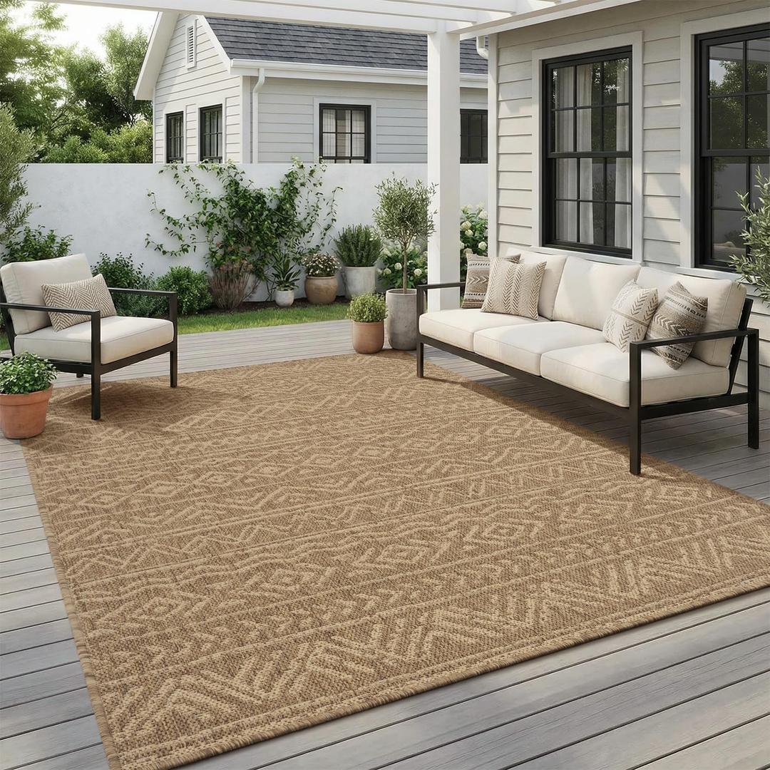 MontVoo-Outdoor Rug-Patio Rug 6x9 Polypropylene Indoor Outdoor Rugs Outdoor Carpet for Patio Deck Balcony Porch, Textured Weave, Durable for High Traffic, Fade-Resistant, Boho Farmhouse Neutral Brown