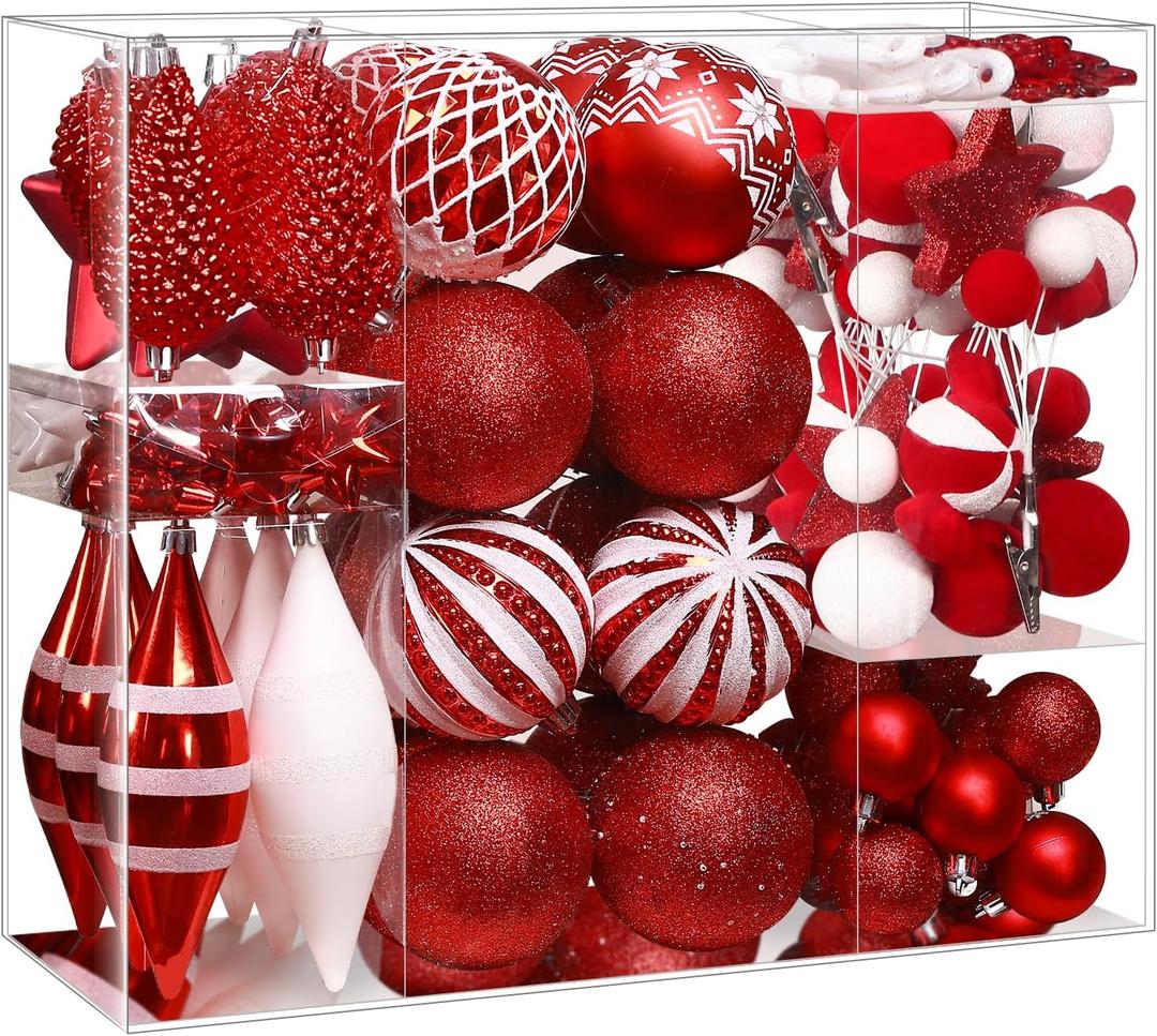 SHareconn 112ct Christmas Tree Balls Ornaments, Classic Pearl Gift Box, Shatterproof Plastic Decorative Baubles for Xmas Tree Decor Holiday Wedding Party Decoration with Hanging Hooks, Red & White