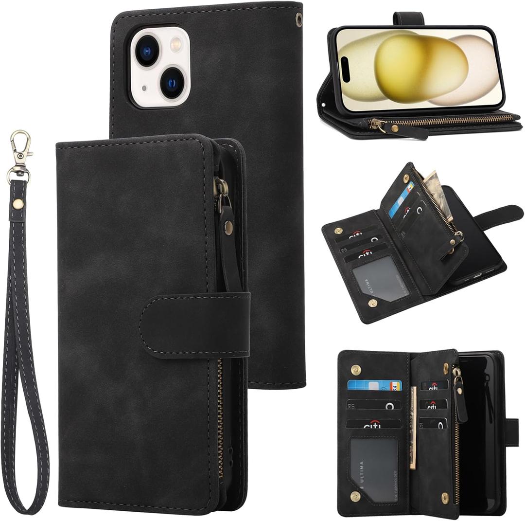 RANYOK iPhone 15 6.1 inch Flip Wallet Case with RFID Blocking, Zipper Pocket, Kickstand, Wrist Strap, Black Leather