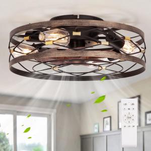 Caged Farmhouse Ceiling Fan with Light, Rustic Bladeless Flush Mount Ceiling Fans with Lights and Remote, Low Profile Small Fandelier Ceiling Fan with Light for Kitchen, Bedroom, Black