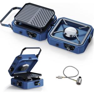 Upgraded WINKIZA 2 Burner Propane Camping Stove with Grill, Foldable Camp Stove with 16,000 BTU, Two Adjustable Burners with Piezo Ignition & Easy Carrying Handle, Portable Stove for Camping, BBQ