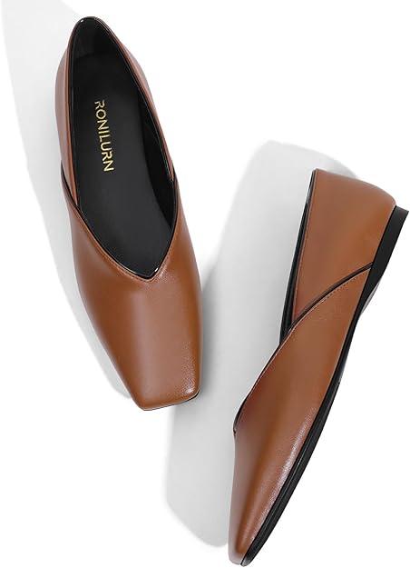 RONILURN Women's Flats Comfortable Square Toe Ballet Flats Slip On Casual Dress Shoes Flats for Women Brown, 7