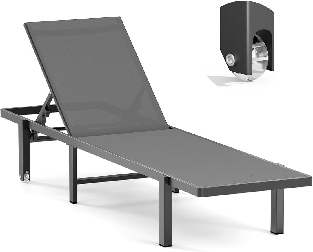 Aluminum Chaise Lounge Chair Outdoor with Wheels, Patio Lounge Chair with Adjustable 5-Position Recliner and Full Flat Tanning Chair for Patio, Beach, Pool, Grey