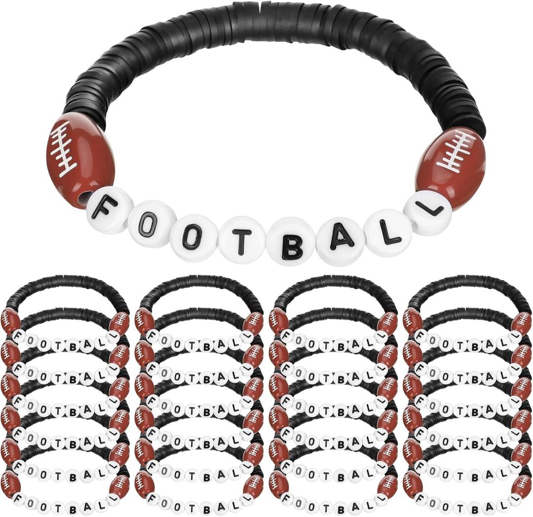 24 Pcs Football Bracelets Stackable Clay Beaded Bracelets Valentine day gift Football Party Favors Beaded Ball Adjustable Clay Bracelet Jewelry Sports Gifts Supplies for Adults