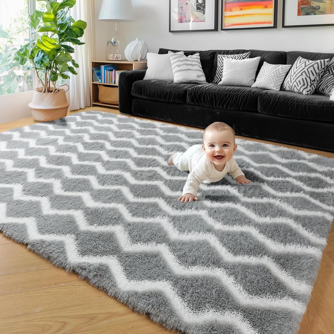 RUGTUDER 5x8 Rug for Living Room Bedroom, Fluffy Fuzzy Non Slip Soft Plush Shaggy Large Chevron Zigzag Area Rug for Nursery Kids Room Office Playroom Classroom, Light Grey and White