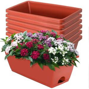Window Box Planter, 7 Pack Plastic Vegetable Flower Planters Boxes 17 Inches Rectangular Flower Pots with Saucers for Indoor Outdoor Garden, Patio, Home Decor (Brick Red)