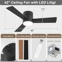 GESUM Flush Mount Ceiling Fan with Lights, 42 In Low Profile Ceiling Fans with Remote Control, Dimmable, Quiet DC Motor, Reversible, Black Ceiling Fans for Bedroom Kitchen Porch Patios(Black)