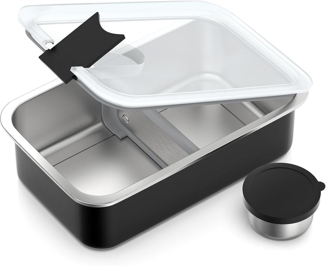 Bakpoco Stainless Steel Bento Lunch Box for Adult, 42oz Leak-Proof Lunch Box Containers, Microwave-Safe, with Adjustable Divider, Convenient Metal Lunchbox for Work, Travel (1-2 Black)