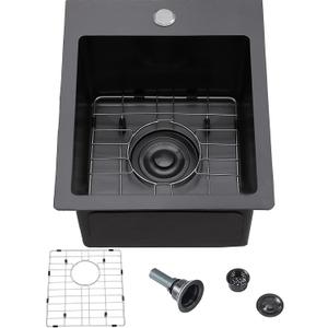 Black Bar Sink Drop in, 15 x 17 Inch Topmount RV Small Kitchen Sink, Handmade Stainless Steel Wet Bar Sink, Outdoor Single Bowl Prep Sink with Dish Grid & Drain