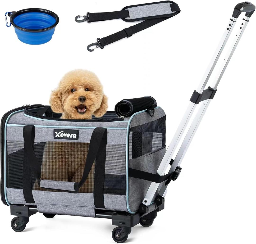 Cat Dog Carrier with Wheels Rolling Pet Carrier with Telescopic Handle, Shoulder Strap and Pet Bowl, Grey