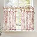 jinchan Floral Linen Tier Curtains 24 Inch Farmhouse Cafe Curtains Tie Top Botanic Drapes for Small Windows Over Sink for Kitchen Country Rustic Laundry Room Bathroom RV 2 Panels Red on Beige