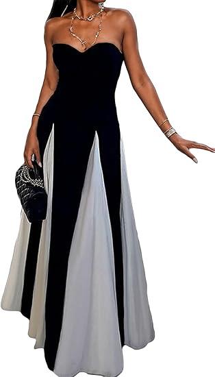 Womens Elegant Sleeveless Color Block Pleated Maxi Dress Patchwork Swing Formal Party Prom Flowy Long Dress (Large)