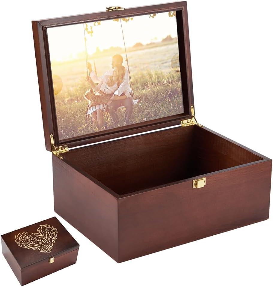 Larger Wooden Memory Keepsake Box with Hinged Lid & 8x10 Photo Frame Inside Lid Decorative Storage Box With a Hinge Lids for Pictures, Letters & Time Capsule Wooden Gift Box, 5.3 x 8.6 x 11.7