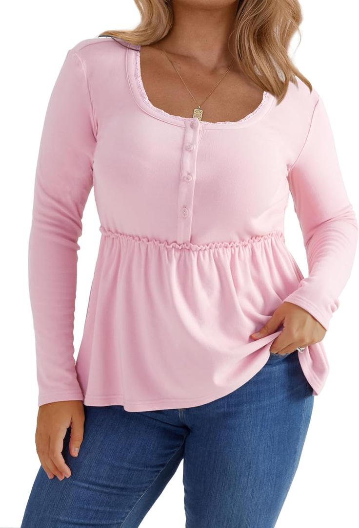 Women's Plus Size Babydoll Tops Long Sleeve Henley Shirts Cute Square Neck Peplum Top Button Casual Swing Flowy Blouses (Pink, XL)