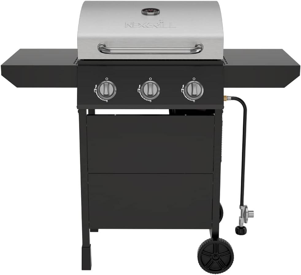 Nexgrill Premium 3-Burner Propane Gas Grill with Side Tables and Wheels, Open Cart Style, Outdoor Cooking & Grilling, BBQs, Patio, Garden, 27,000 BTUs, Black & Silver, 720-1012