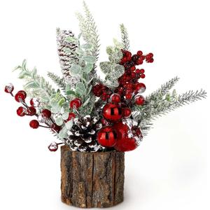 Small Christmas Tree Tabletop Artificial Mini Christmas Tree Decorations with Holiday Ornaments Red Berry Pine Cone Greenery for Home Indoor Fireplace Mantel Xmas Decor (Tree Stump-Red)