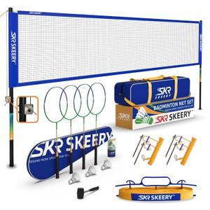 Professional Badminton Set with Winch System,Portable Badminton Net includes Carbon Aluminum Badminton Rackets Set of 4,3 Shuttlecocks and Carrying Bag,Badminton Sets for Backyards,Beach (Blue)