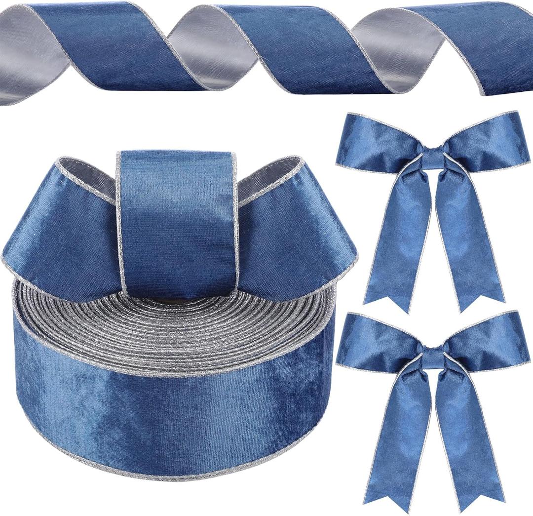 Yungyan Velvet Ribbons with Gold Edge Felt Ribbon Gift Bow Wrapping Ribbon for Handmade, Home Decor, Gift Wrapping, Wreath DIY Crafts, Christmas Tree(2.5 Inch X 35 Yards,Light Blue, Silver)