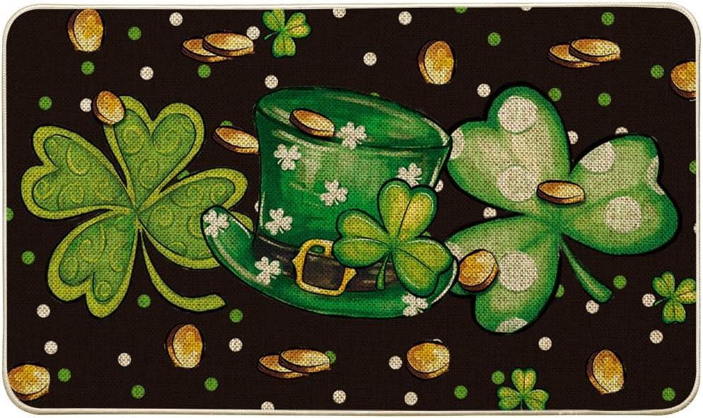 Artoid Mode Shamrock Hat St. Patrick's Day Doormat, Spring Home Decor Low-Profile Switch Rug Door Mat Floor Mat for Indoor Outdoor 17x29 Inch