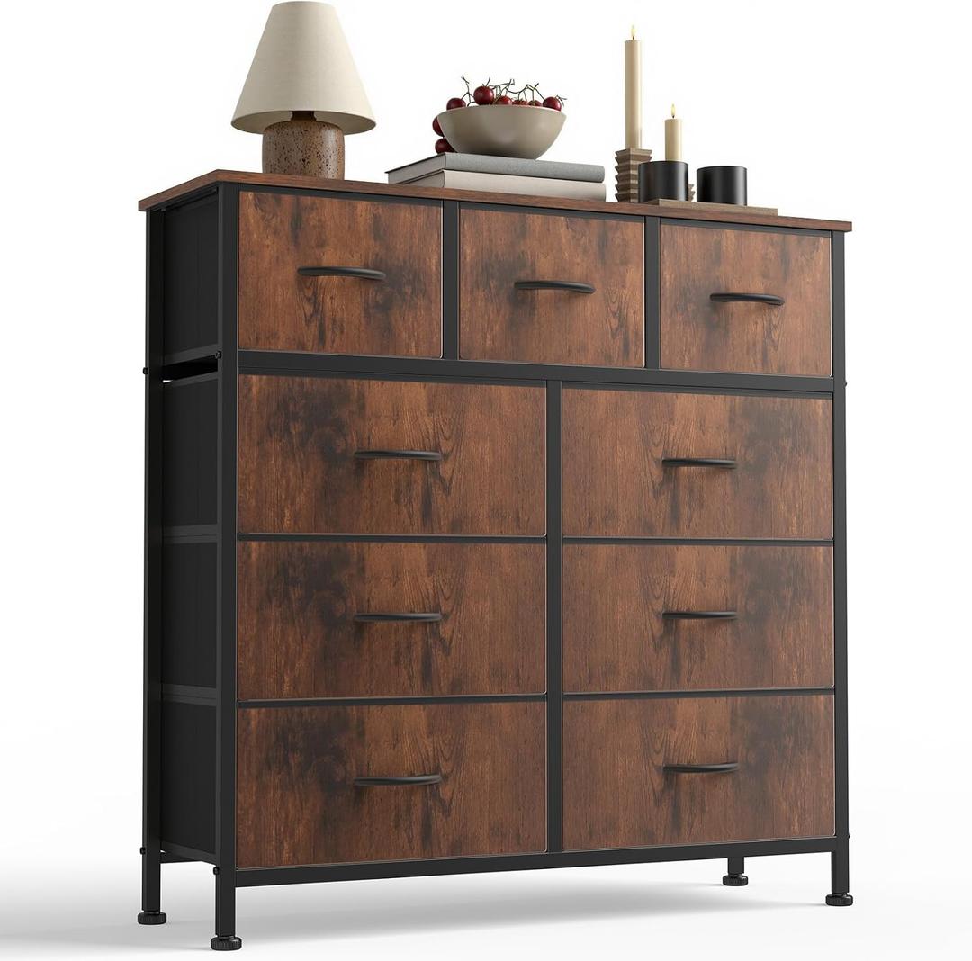Sweetcrispy 9-Drawer Fabric Dresser Storage Tower with Wood Top and Steel Frame, Organizer Chest with Easy Pull Handles for Bedroom, Closet, Hallway,Distressed Brown, 11.8"D x 39.6"W x 39.8"H
