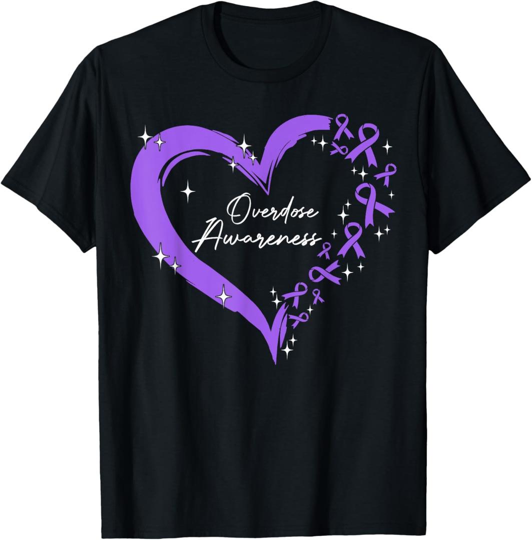 Overdose Awareness Purple Ribbon Drug Addiction Heart T-Shirt (Small, Black)